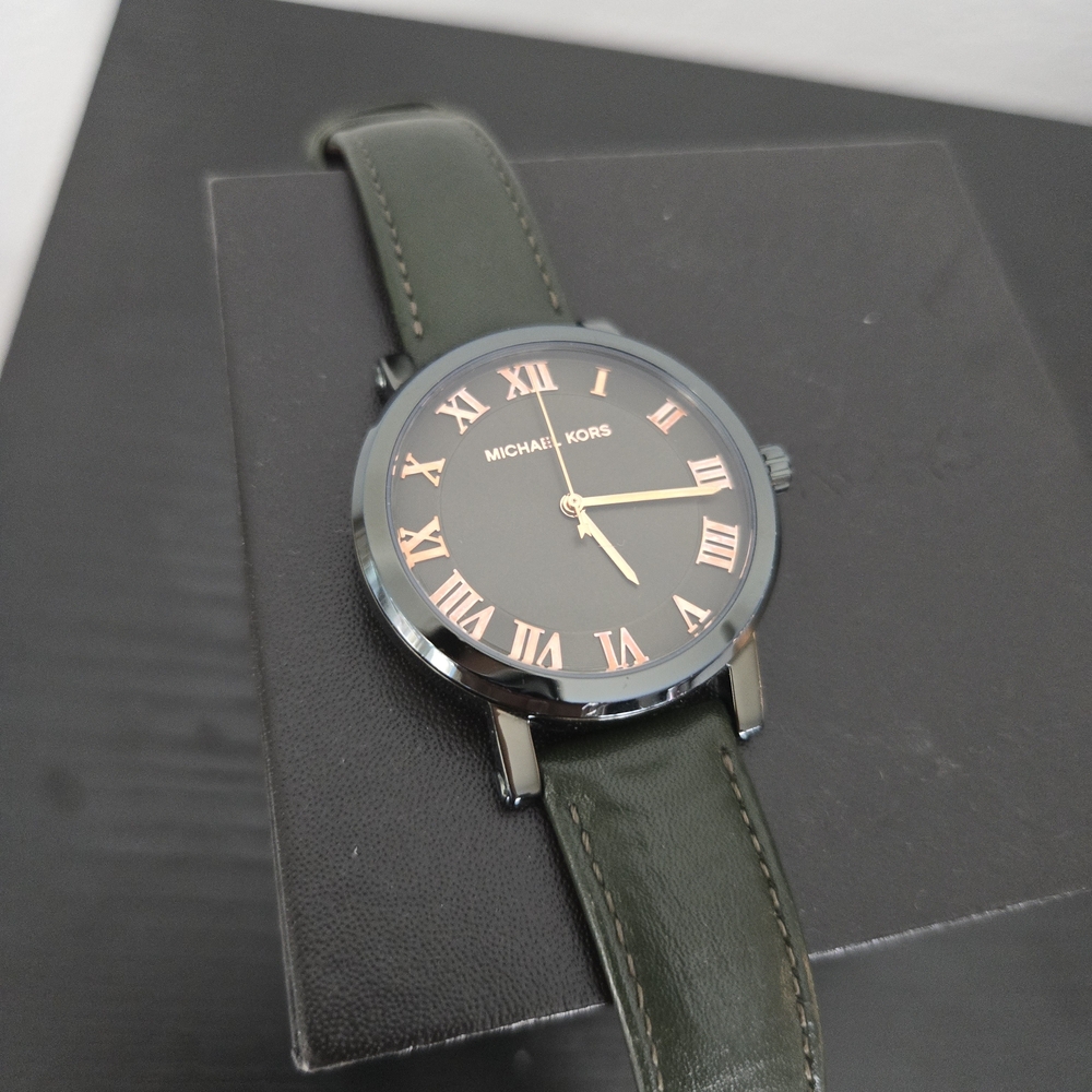 Michael Kors Olive Leather Watch with Rose Gold Accents
